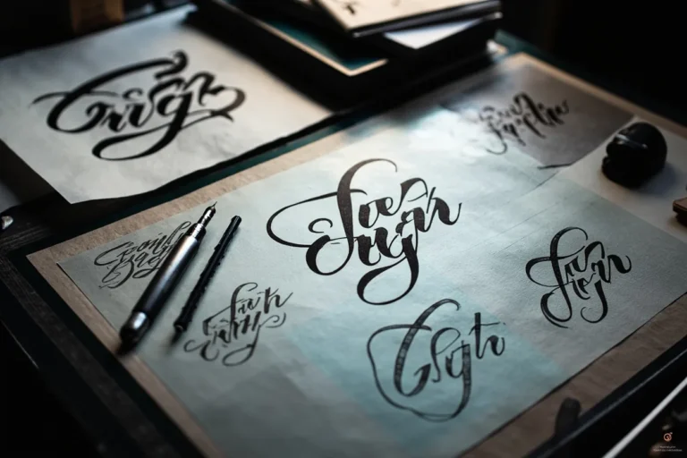 Script tattoo lettering sheet with unreadable sample marks