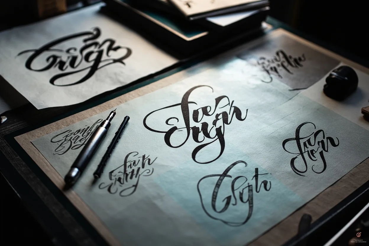 Script tattoo lettering sheet with unreadable sample marks