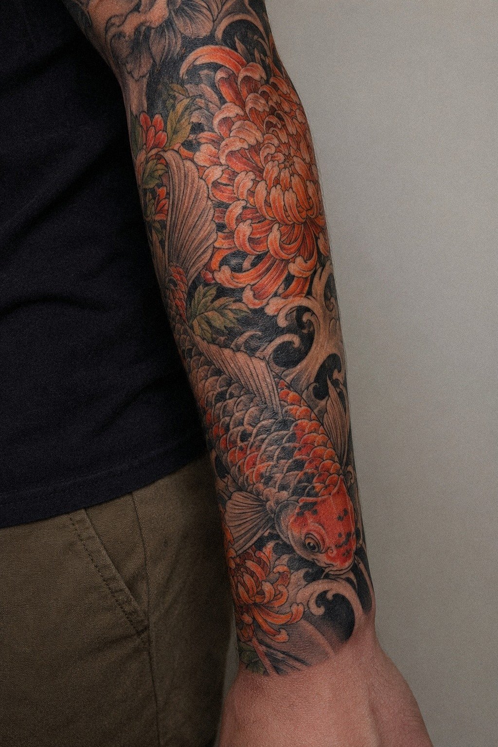 Pair Chrysanthemum and Koi for a Forearm Sleeve