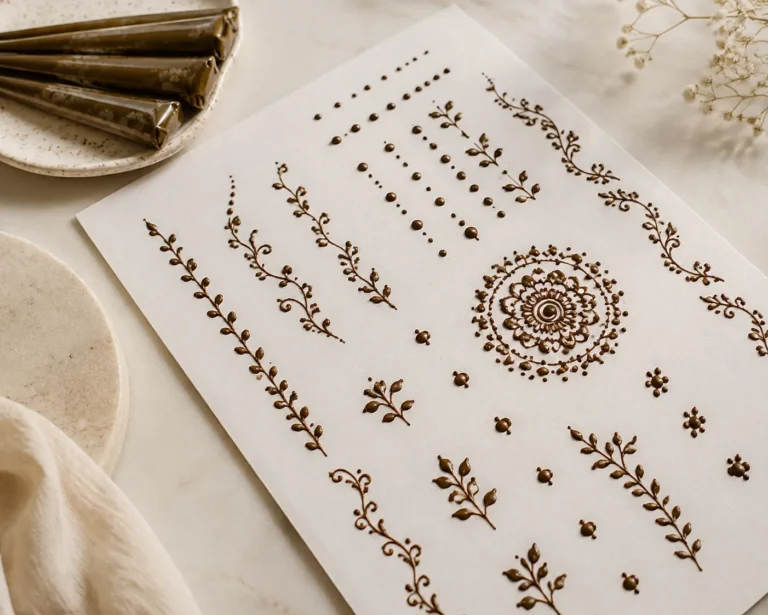 Simple beginner henna design sheet with cones
