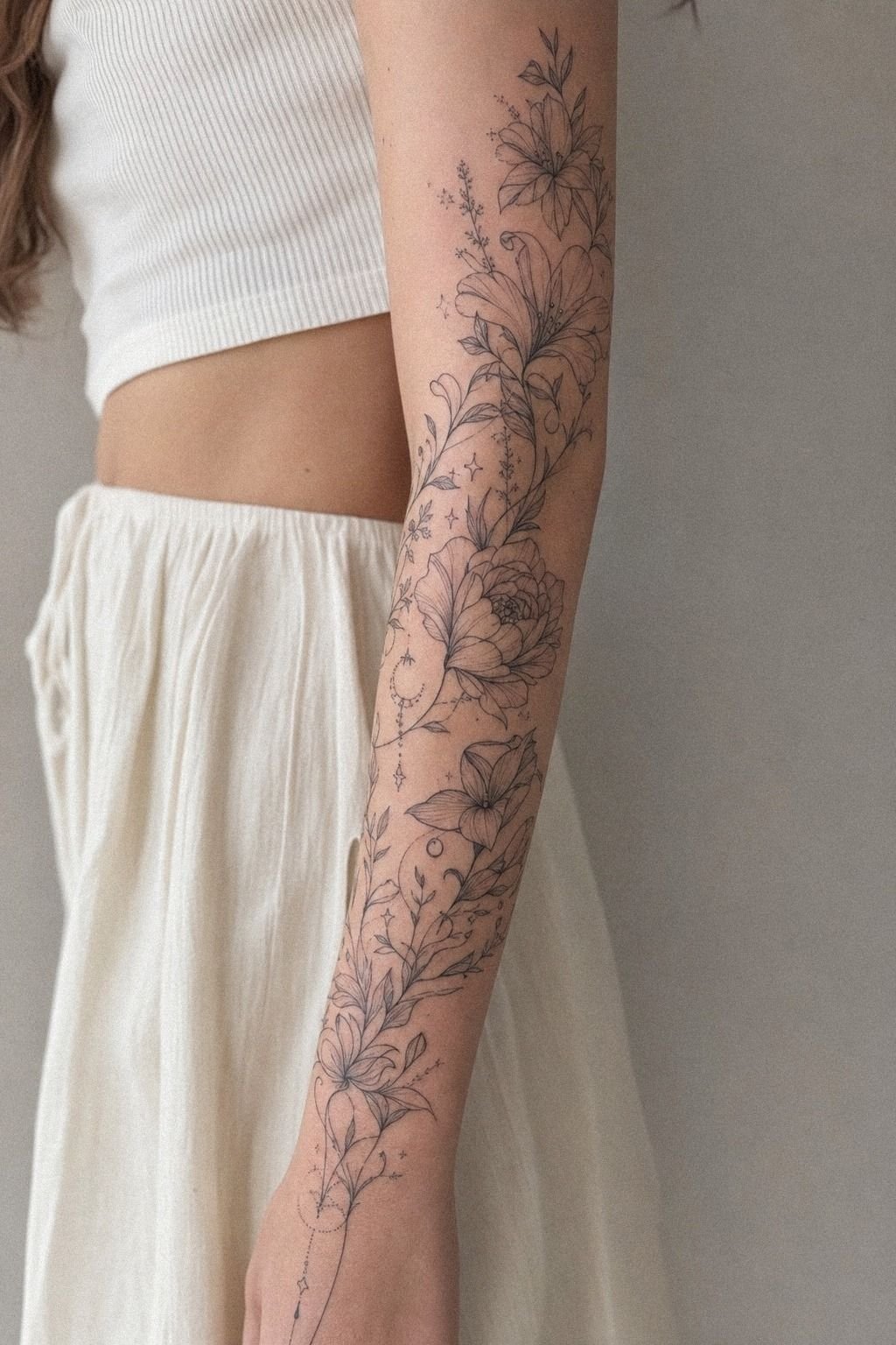 Fine Line Floral Girly Sleeve Tattoo
