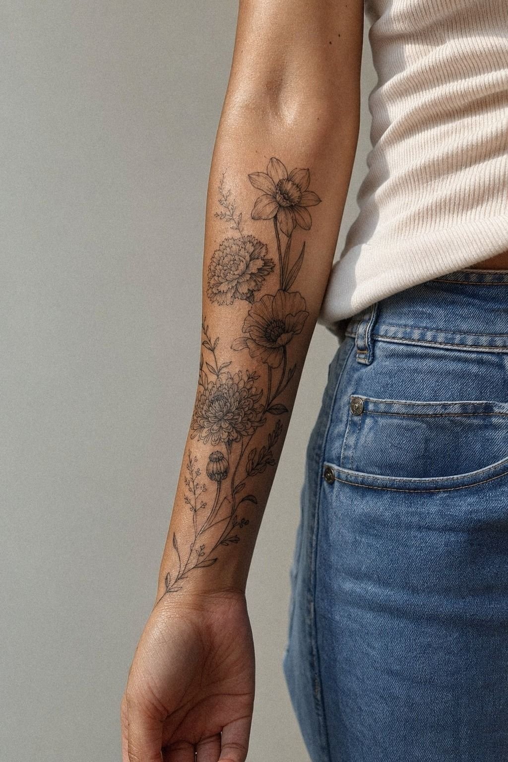 Birth Flower Half Sleeve Tattoo