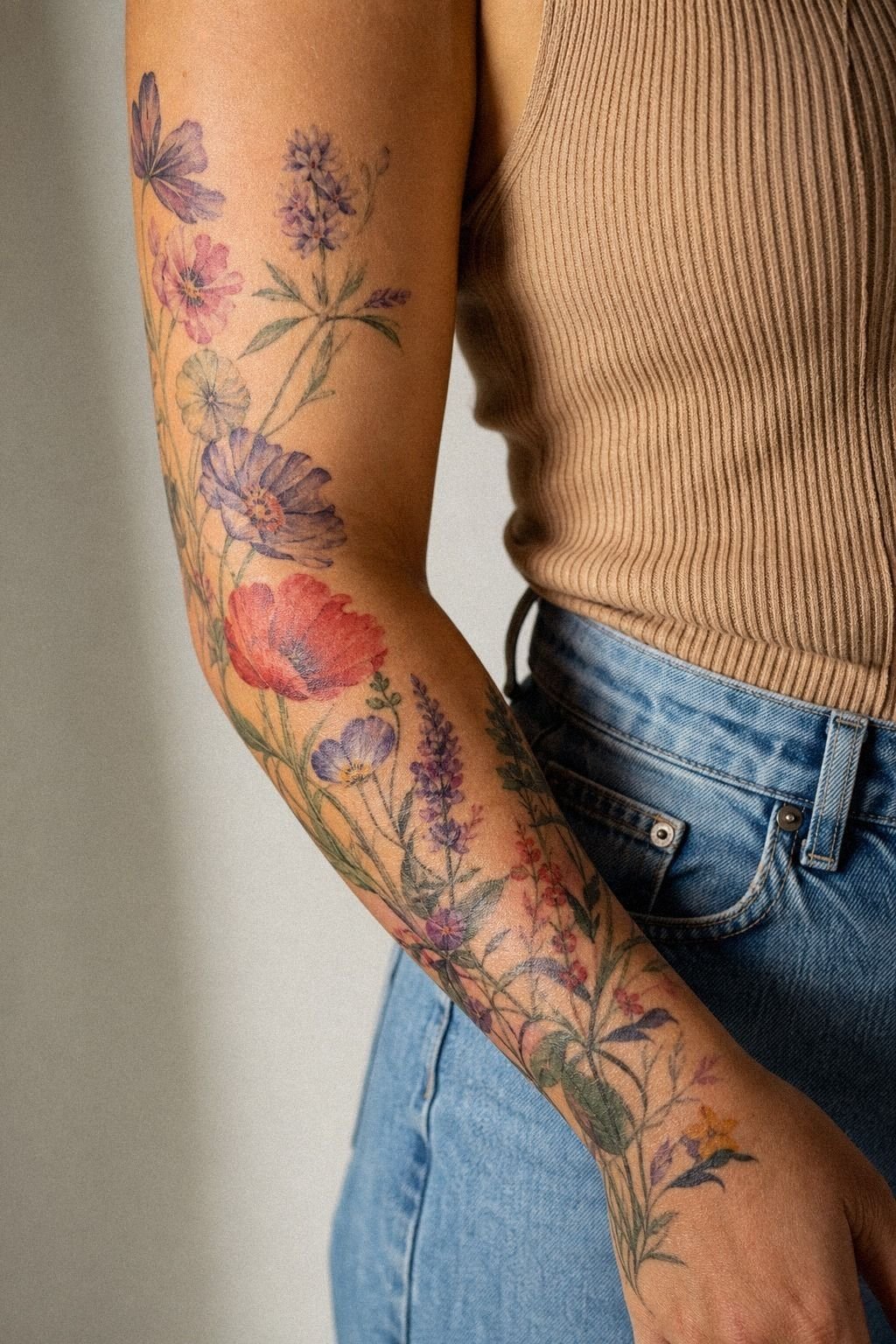 Watercolor Wildflower Arm Sleeve Tattoo