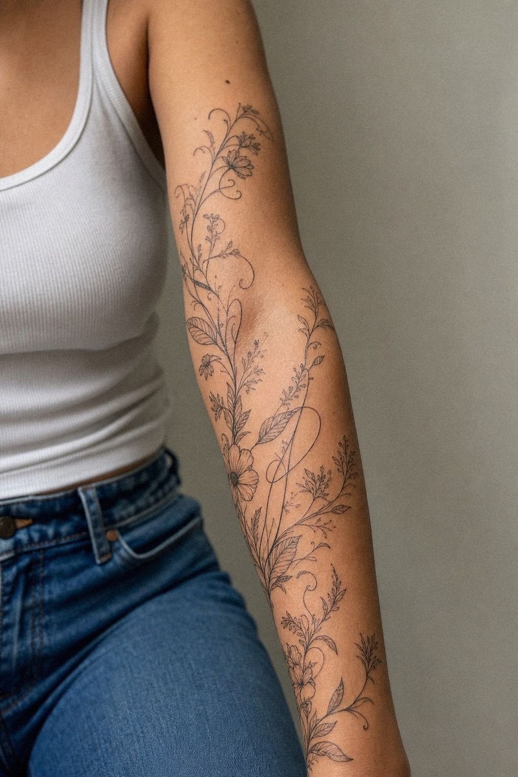 Script And Floral Sleeve Tattoo