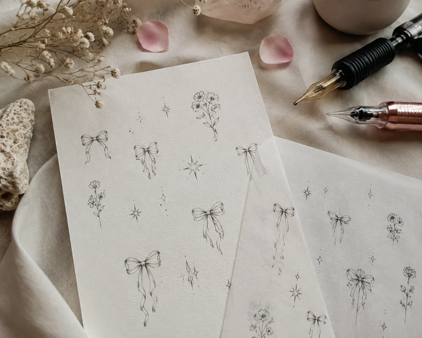 Soft girl tattoo design moodboard with tiny florals