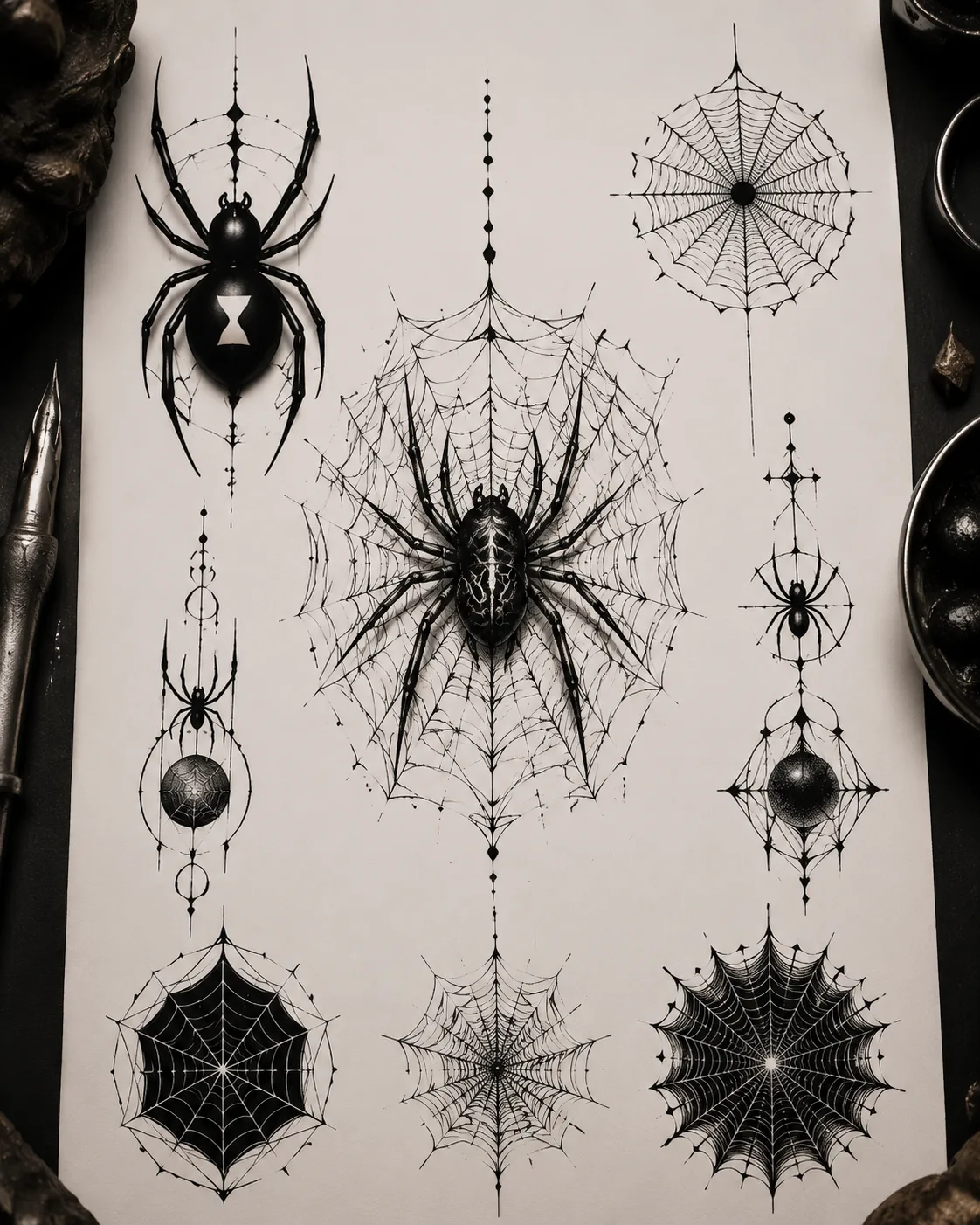 Spider tattoo flash sheet with a black widow showing its red hourglass marking, a detailed spider on a web, and geometric blackwork web studies in black ink