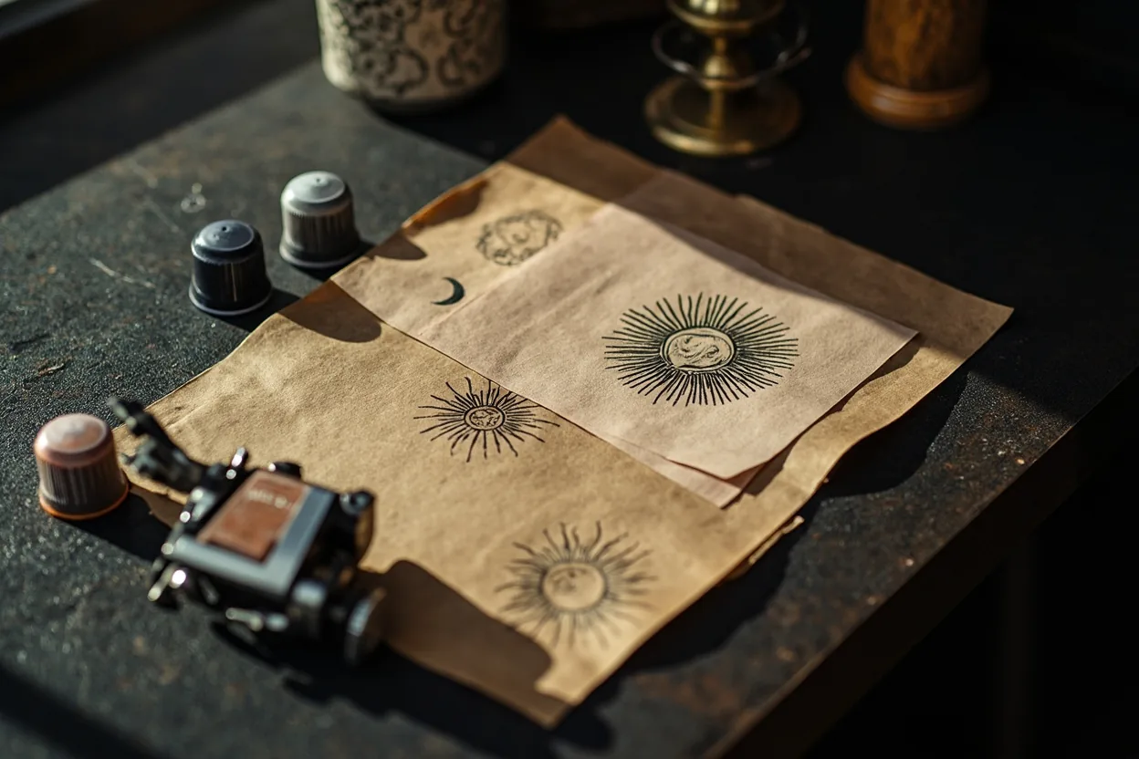 Sun tattoo stencil variations with ornamental rays