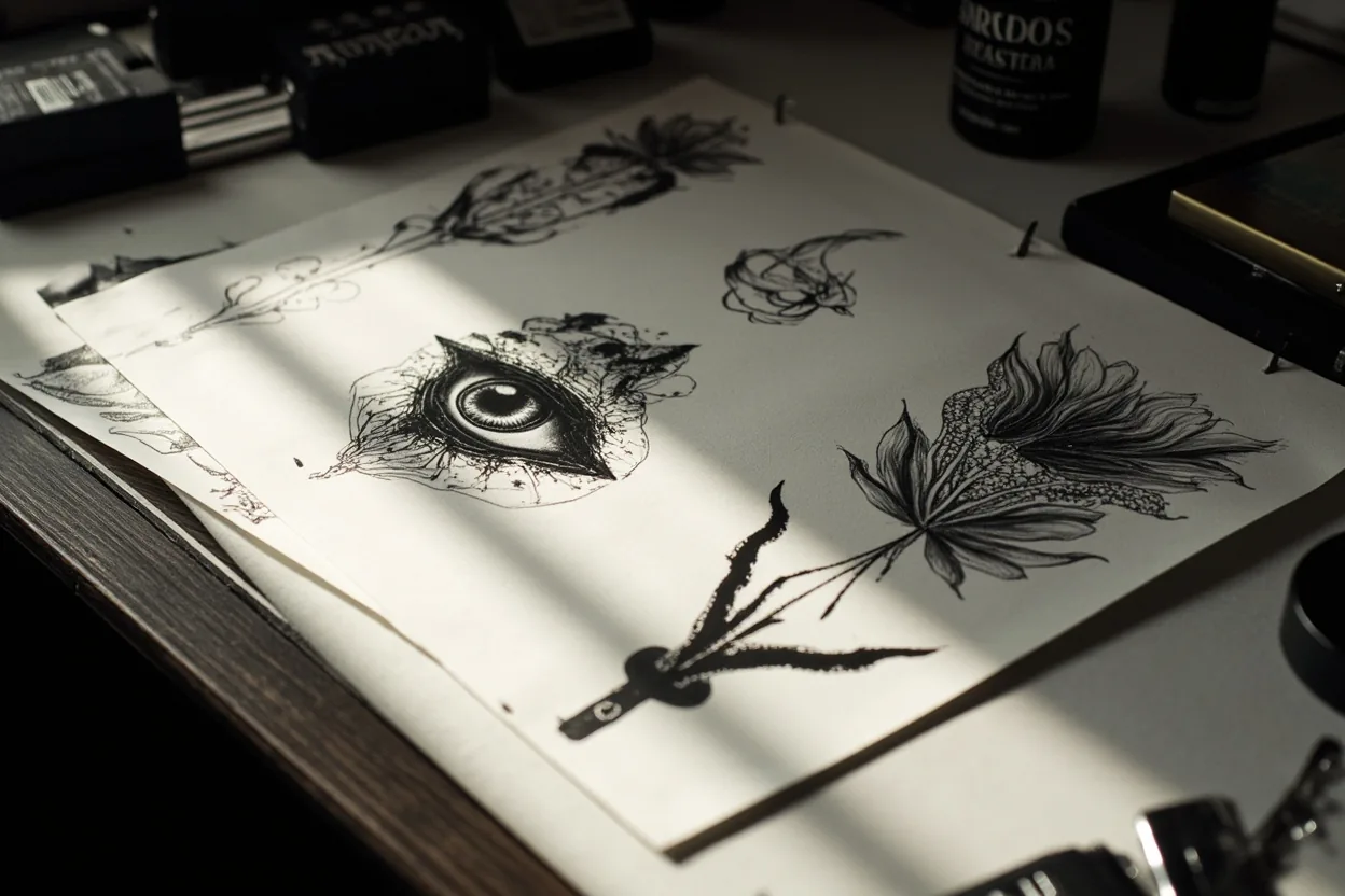 Surreal tattoo concept board with strange symbolic sketches