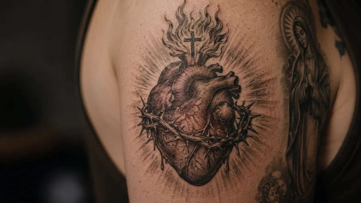 Historical sacred heart illustration with flames and thorns