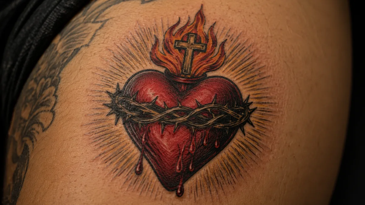 Sacred heart tattoo detail showing flames and crown of thorns