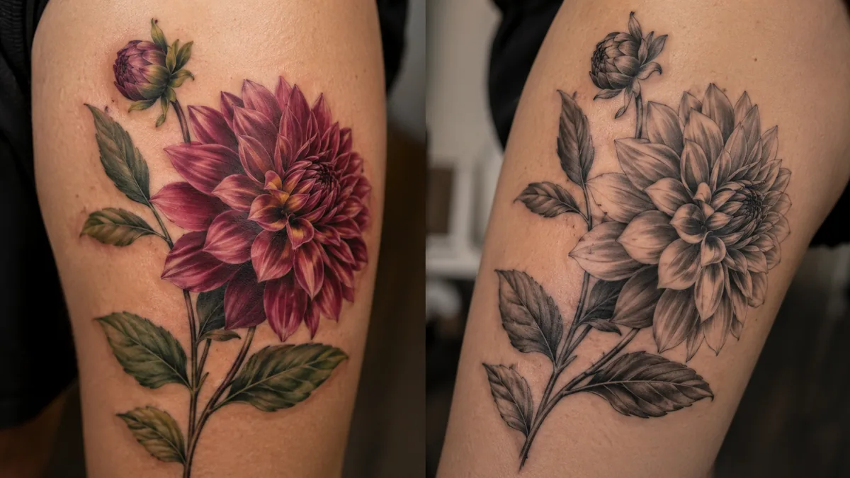 Dahlia Tattoo - Color vs Black and Grey