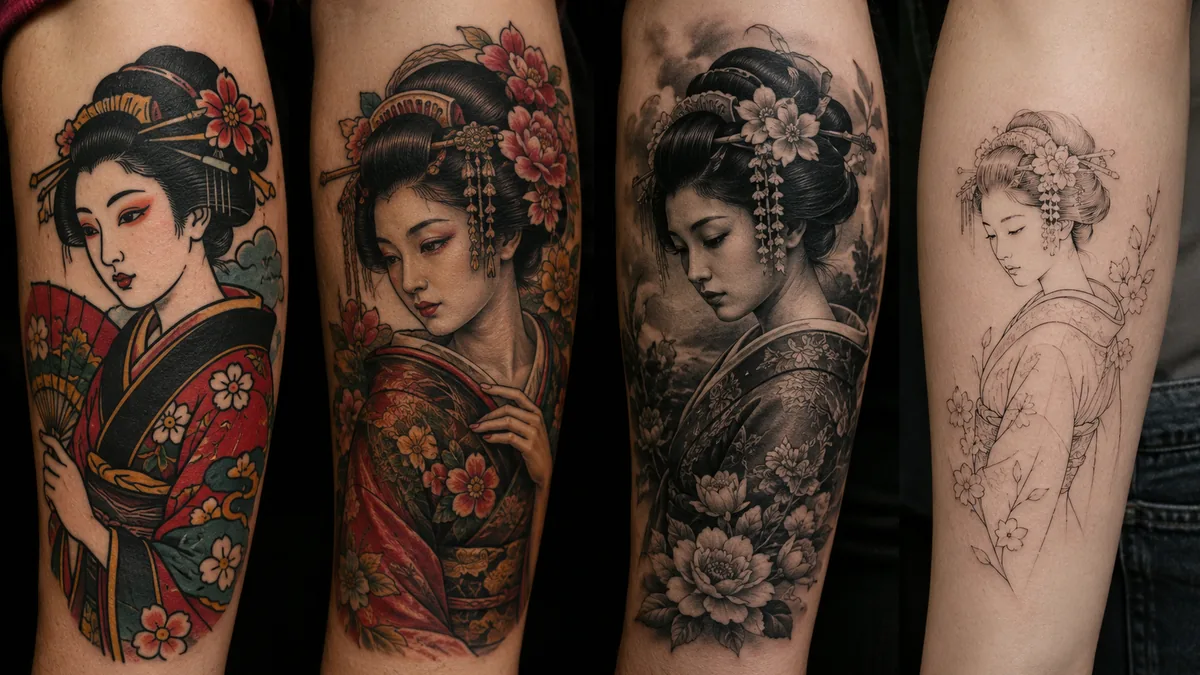 Geisha Tattoo - Style Variations: Traditional, Neo-Trad, Black and Grey, Fine Line
