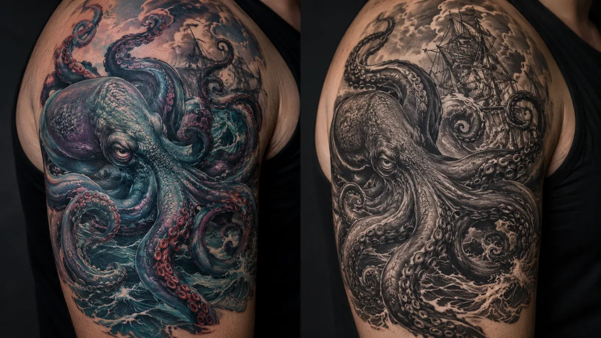 Kraken Tattoo - Color vs. Black and Grey