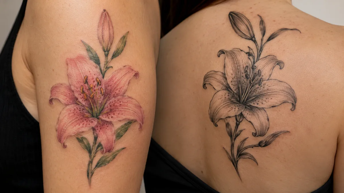 Lily Flower Tattoo - Color vs Black and Grey