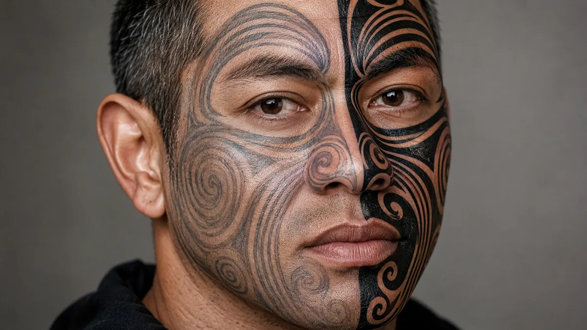 Maori Face Tattoo - Black and Grey vs. Traditional Black Work