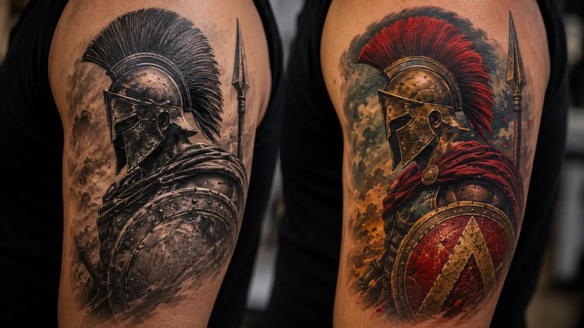 Spartan Tattoo - Black and Grey vs. Color