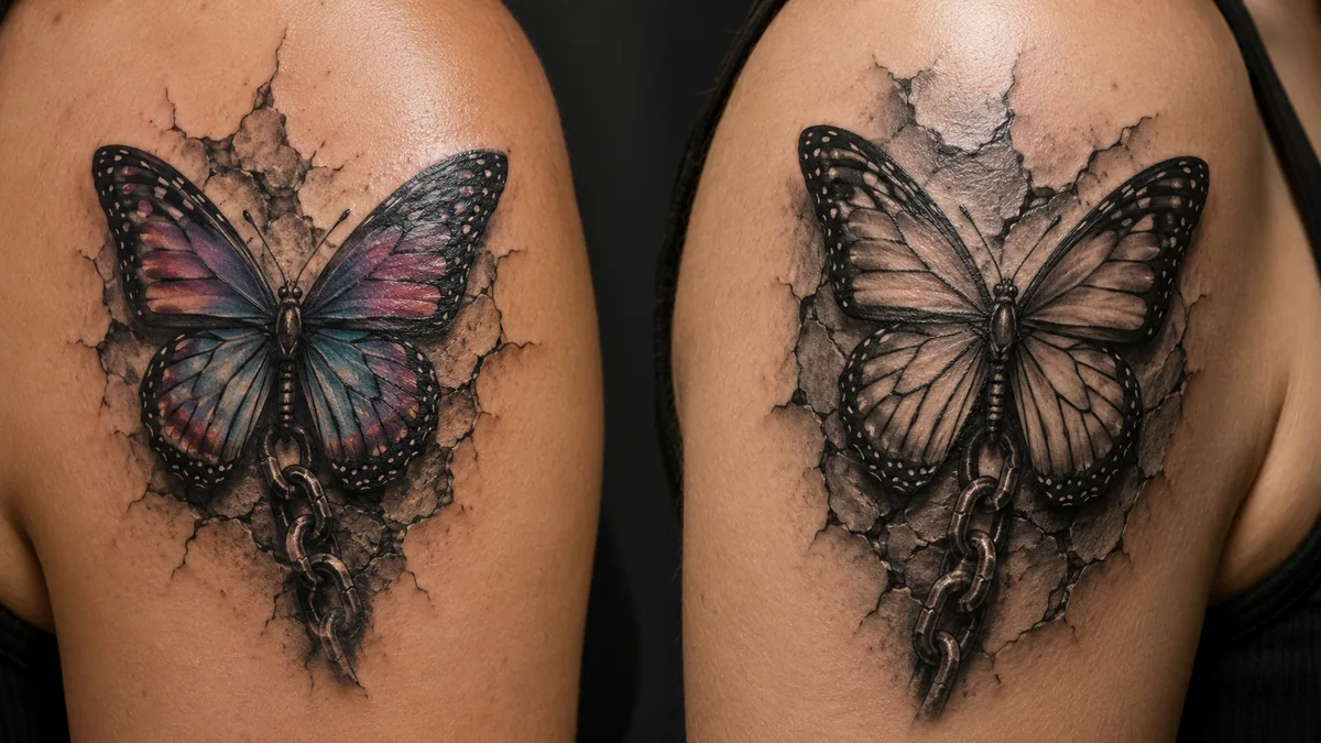 Strength Butterfly Tattoo - Color vs Black and Grey: How Each Reads