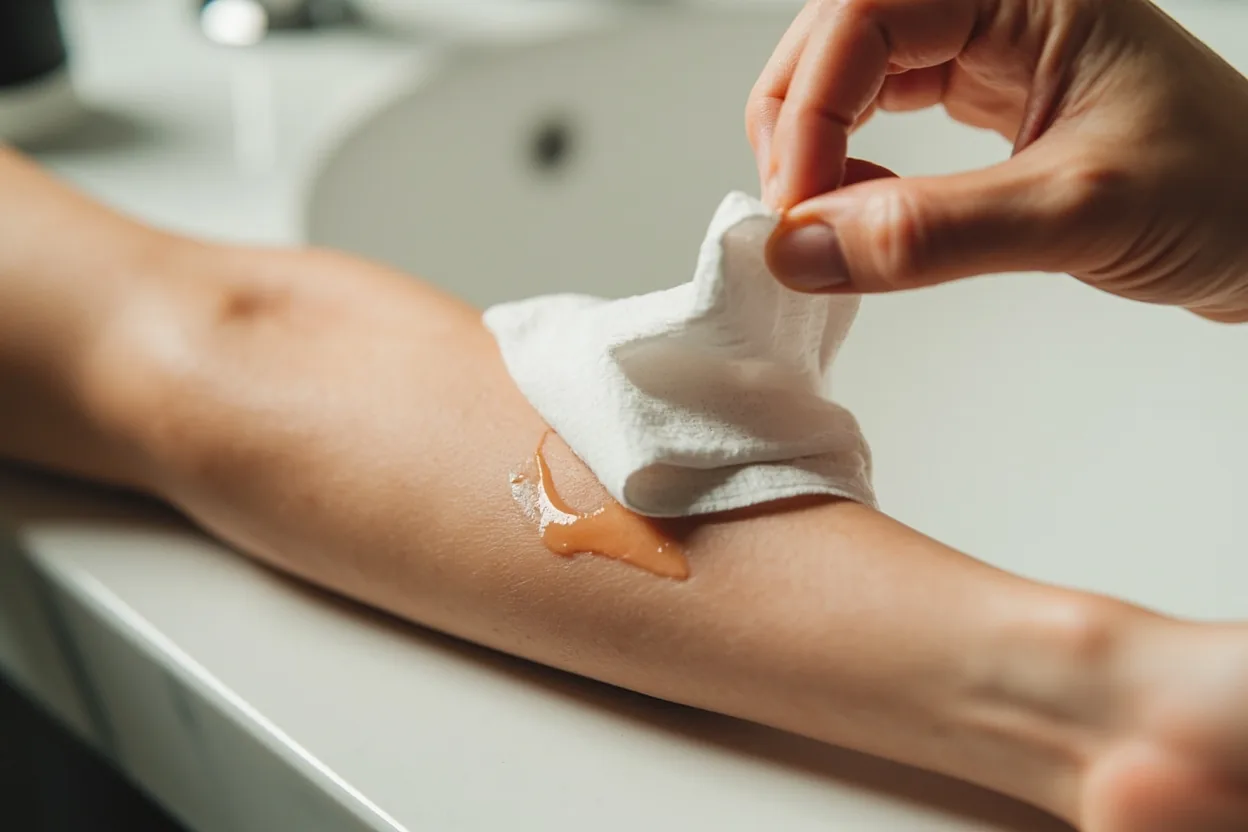 Fresh forearm tattoo being cleaned gently