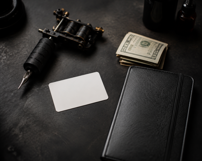 Tattoo machine, blank booking card, folded cash and an appointment book on a dark studio counter