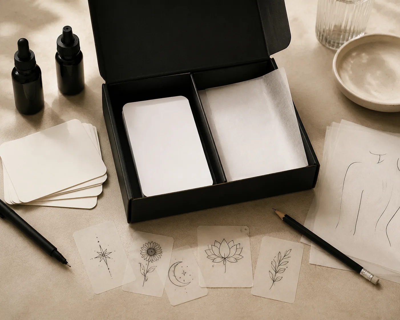 First tattoo planning kit with stencil and tools