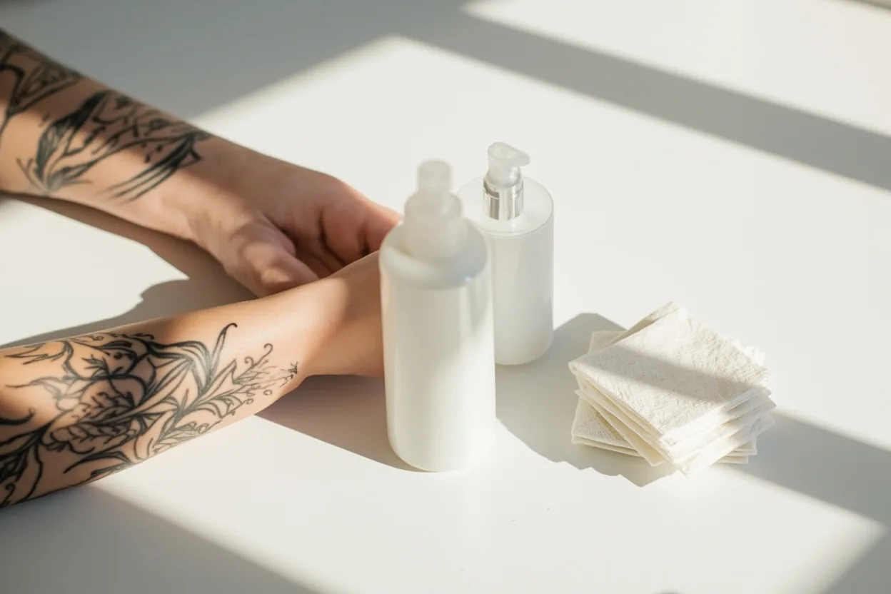Healing tattoo care supplies on a clean counter