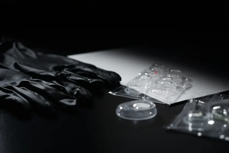 Sterile single-use needle packs, black gloves and ink caps on a dark studio surface