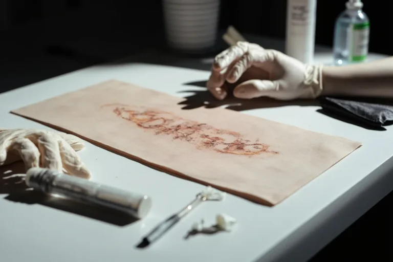 Tattoo scabbing aftercare reference with practice skin