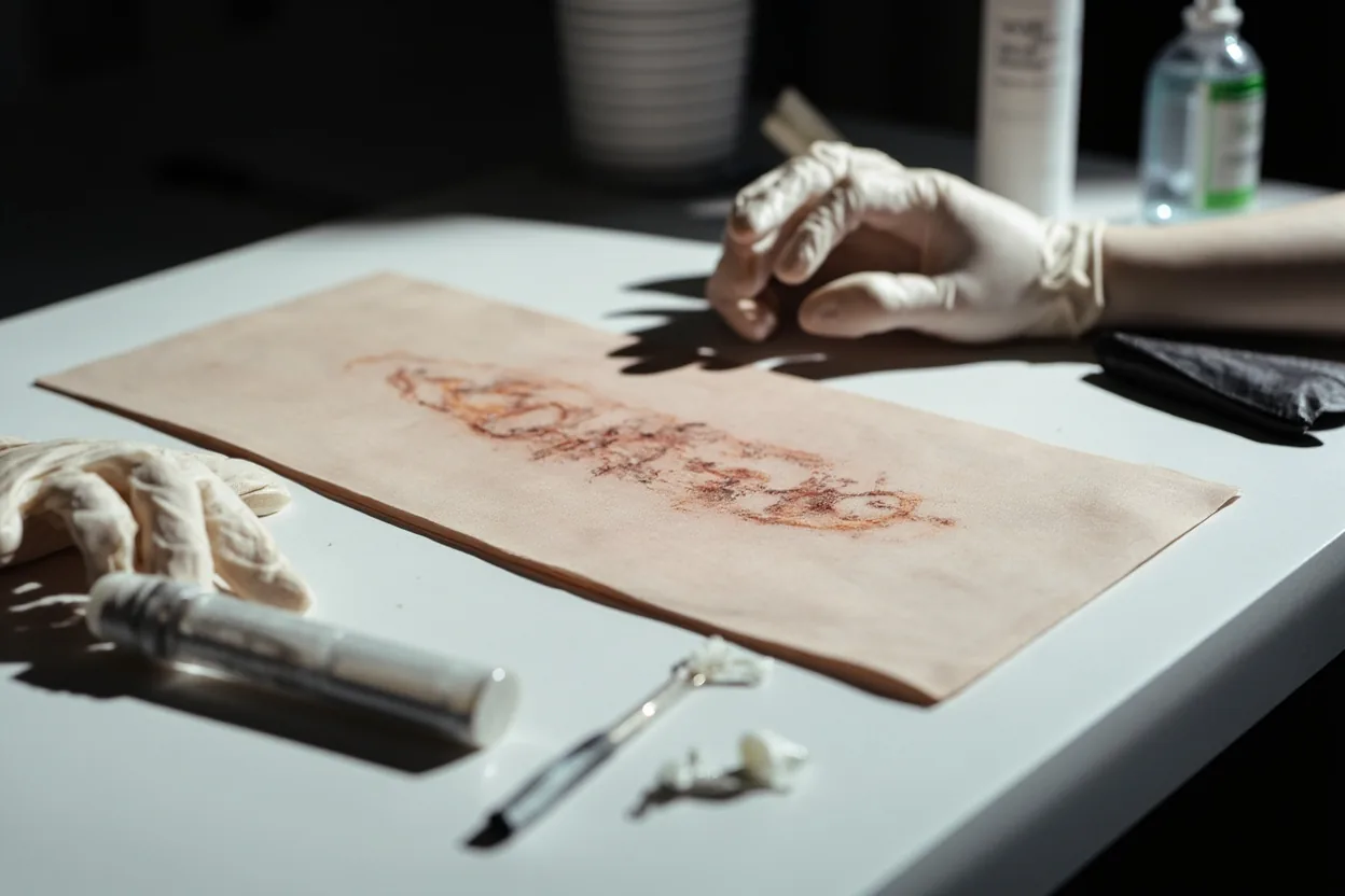 Tattoo scabbing aftercare reference with practice skin