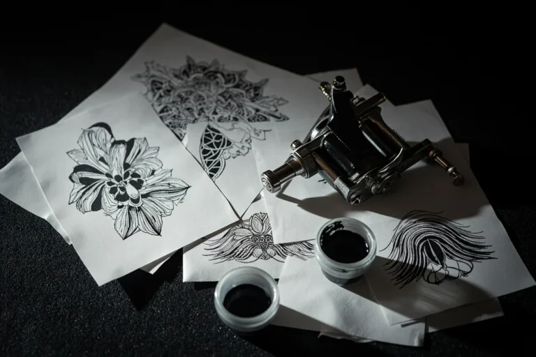 Tattoo style references on studio table