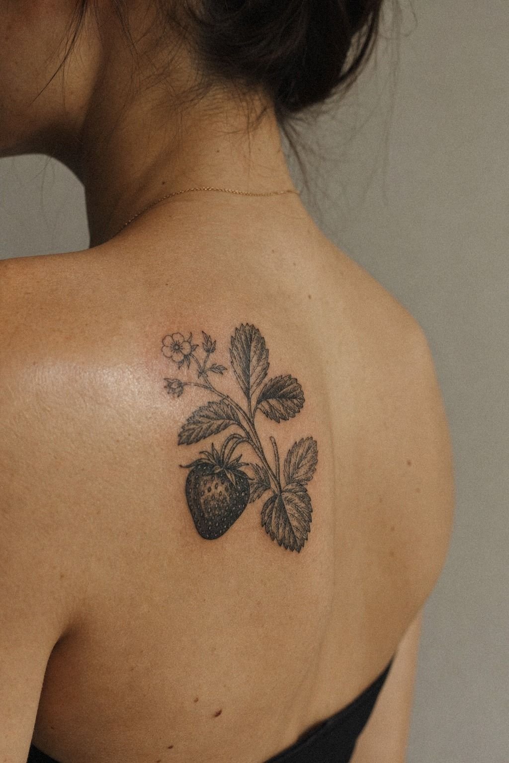 Blackwork Strawberry Shoulder Tattoo