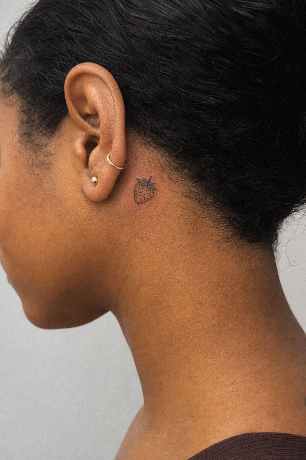 Minimal Strawberry Behind Ear Tattoo