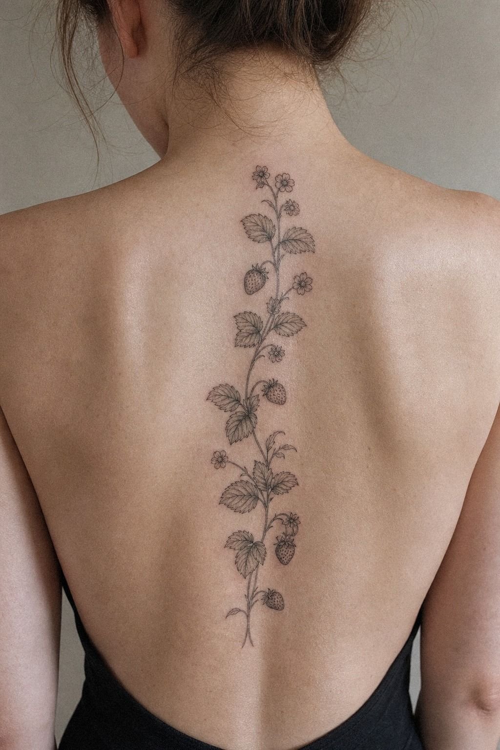 Botanical Strawberry Stem Spine Tattoo