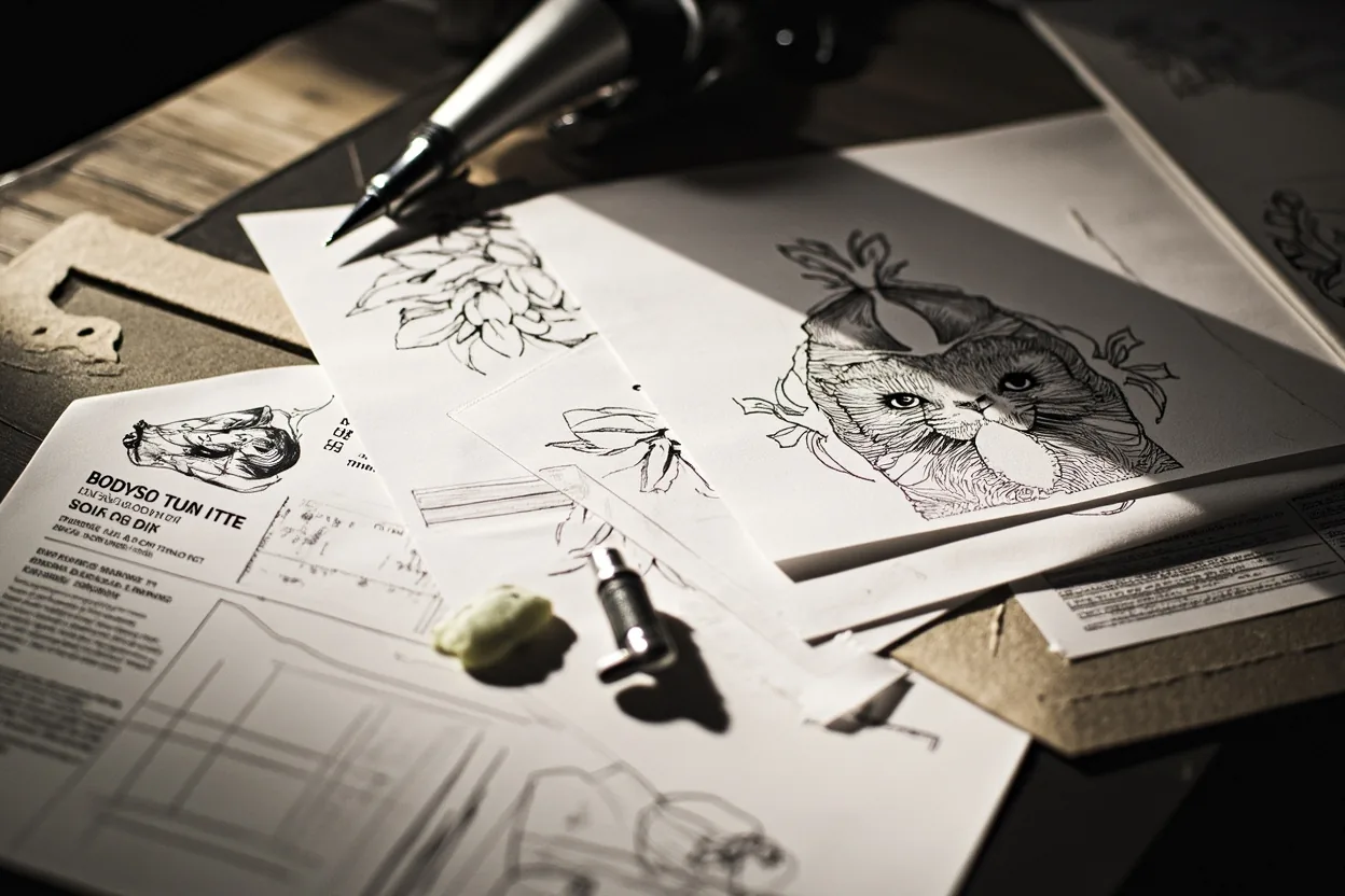 Thigh tattoo large-scale concept sketches