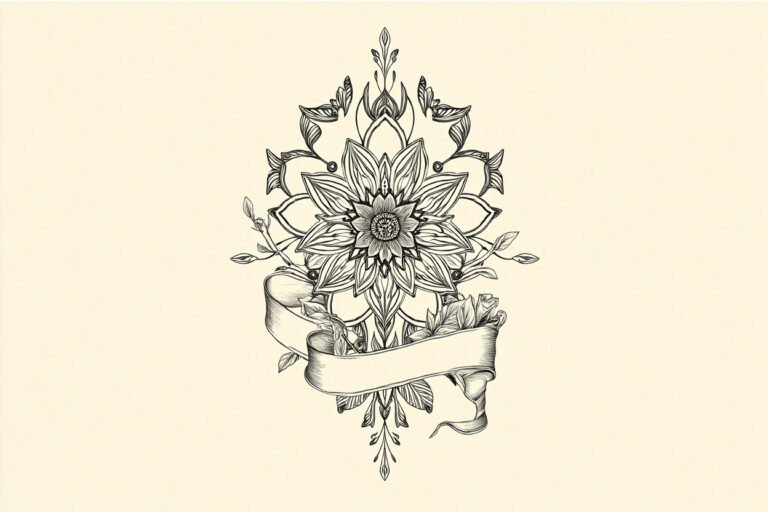 Black ink flash sheet of thigh tattoo designs: ornamental floral mandala, fine-line botanical sprigs and a blank ribbon banner