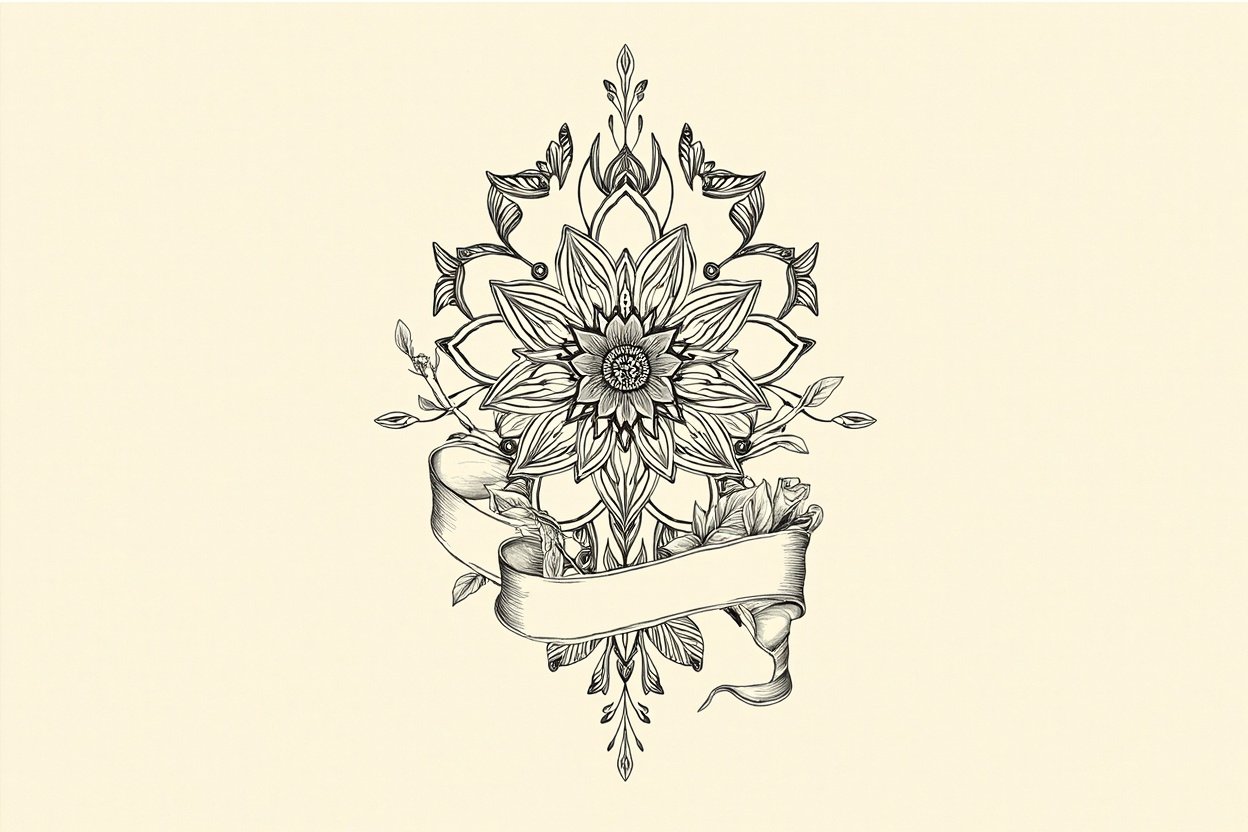 Black ink flash sheet of thigh tattoo designs: ornamental floral mandala, fine-line botanical sprigs and a blank ribbon banner
