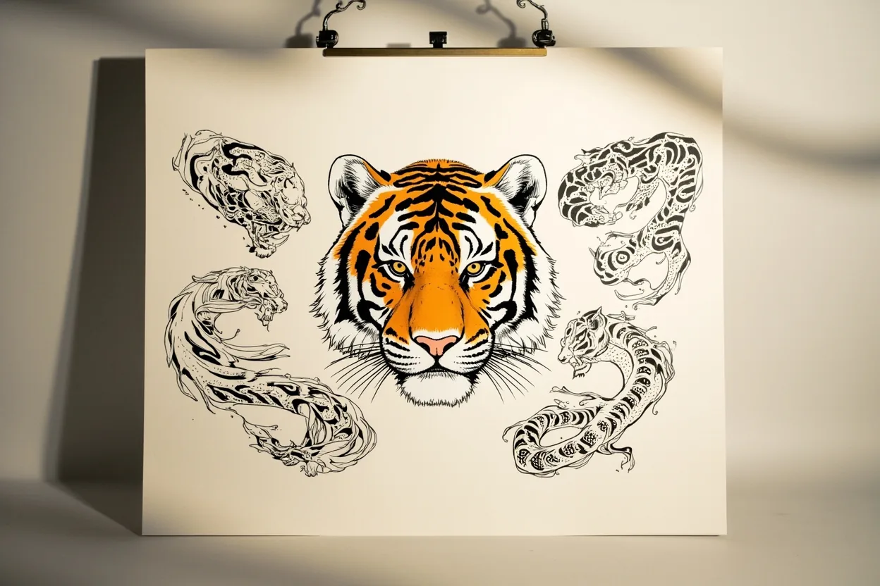 Tiger tattoo meaning strength focus traditional flash sheet