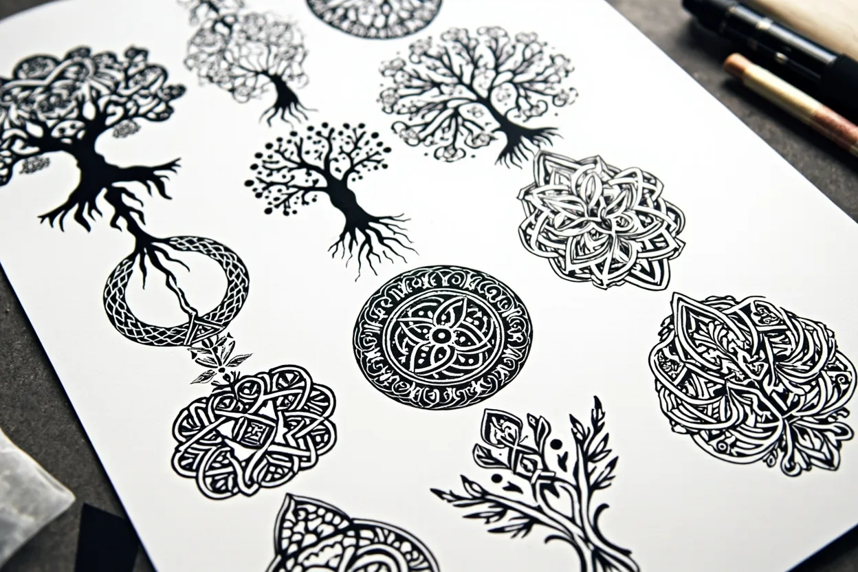 Tree of life tattoo flash sheet, roots and branches in a circle, blackwork mandala studies