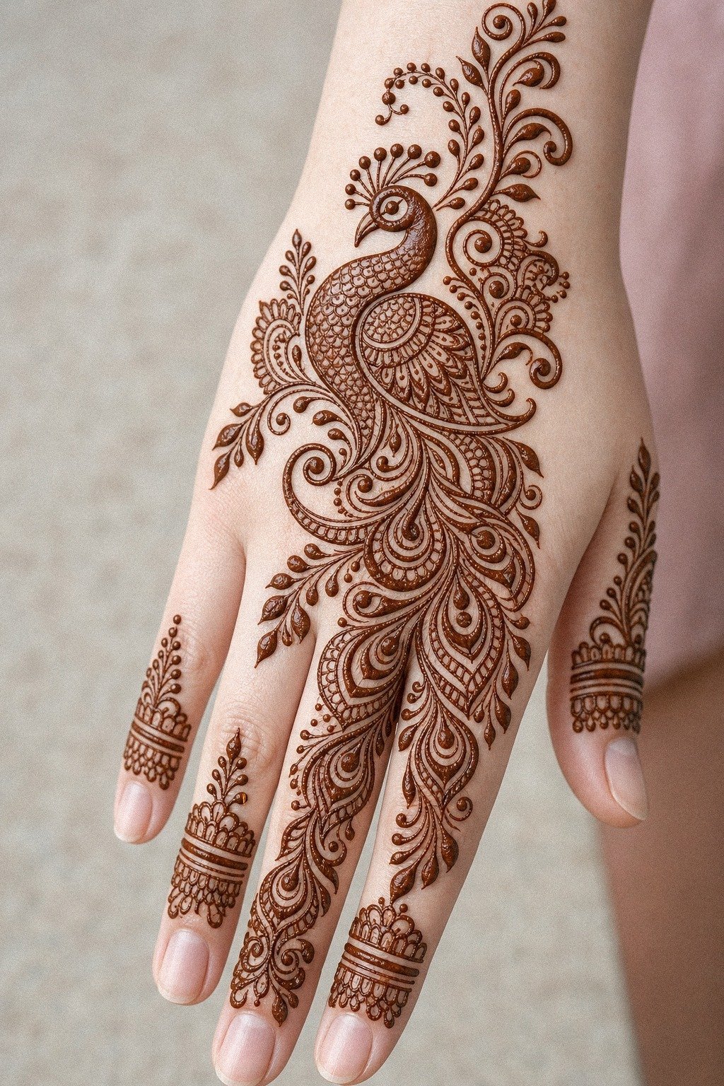 Peacock Front Hand Mehndi With Feather Trails
