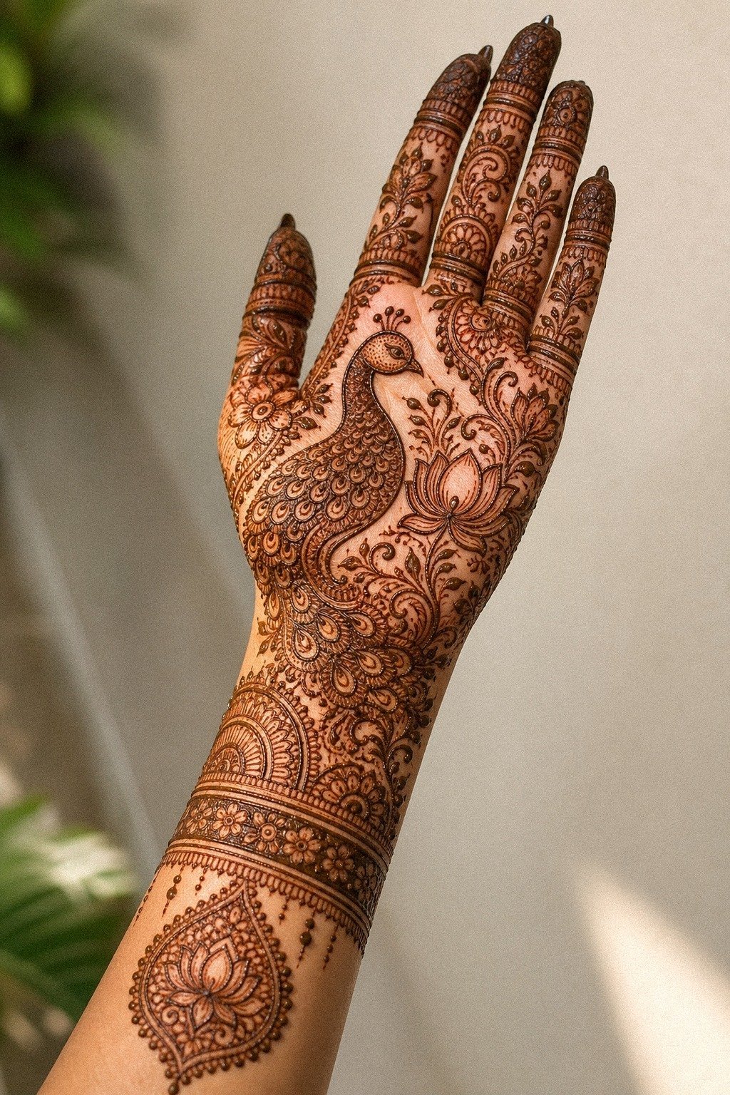 Full Hand Peacock Mehndi With Lotus Details