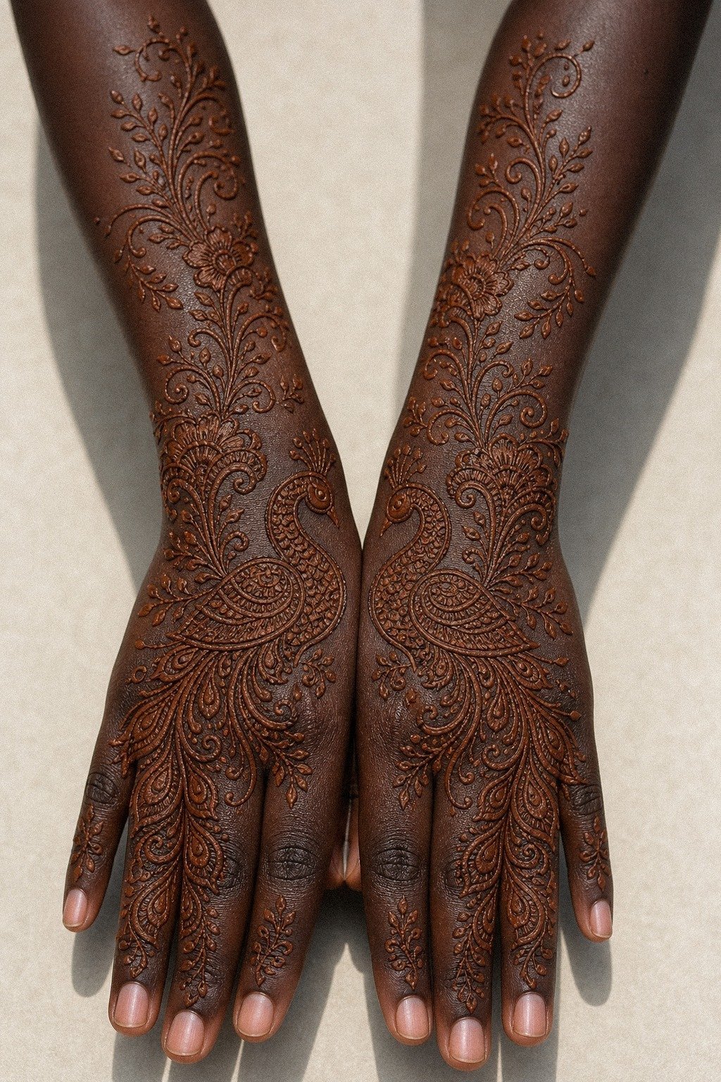 Map Symmetrical Peacock Mehndi Across Both Hands