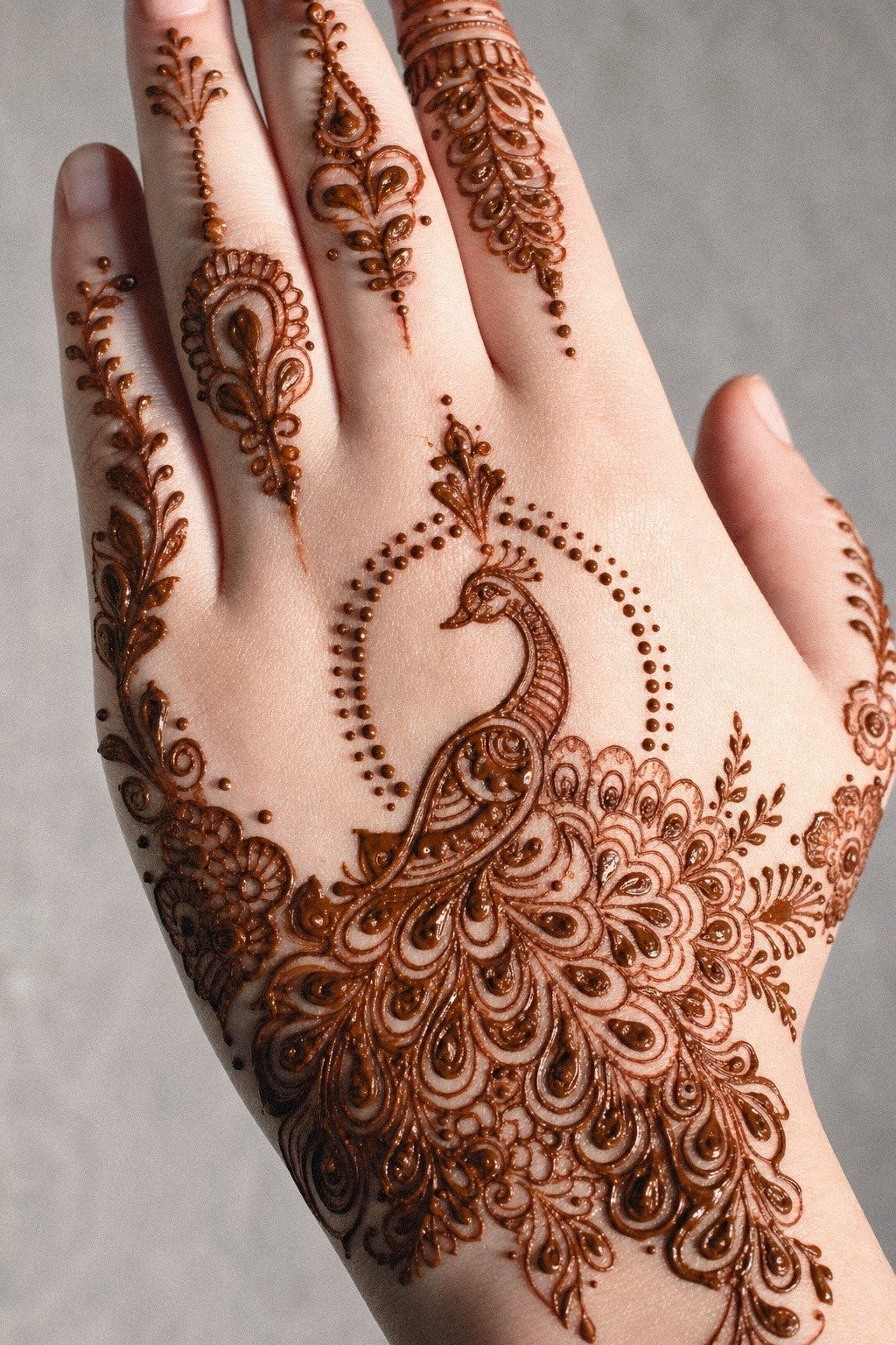 Dotwork Peacock Mehndi Around Knuckles