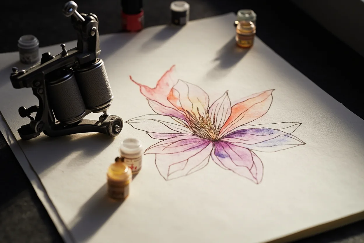 Watercolor flower tattoo flash with black linework and soft color washes beside a tattoo machine and ink caps on studio paper