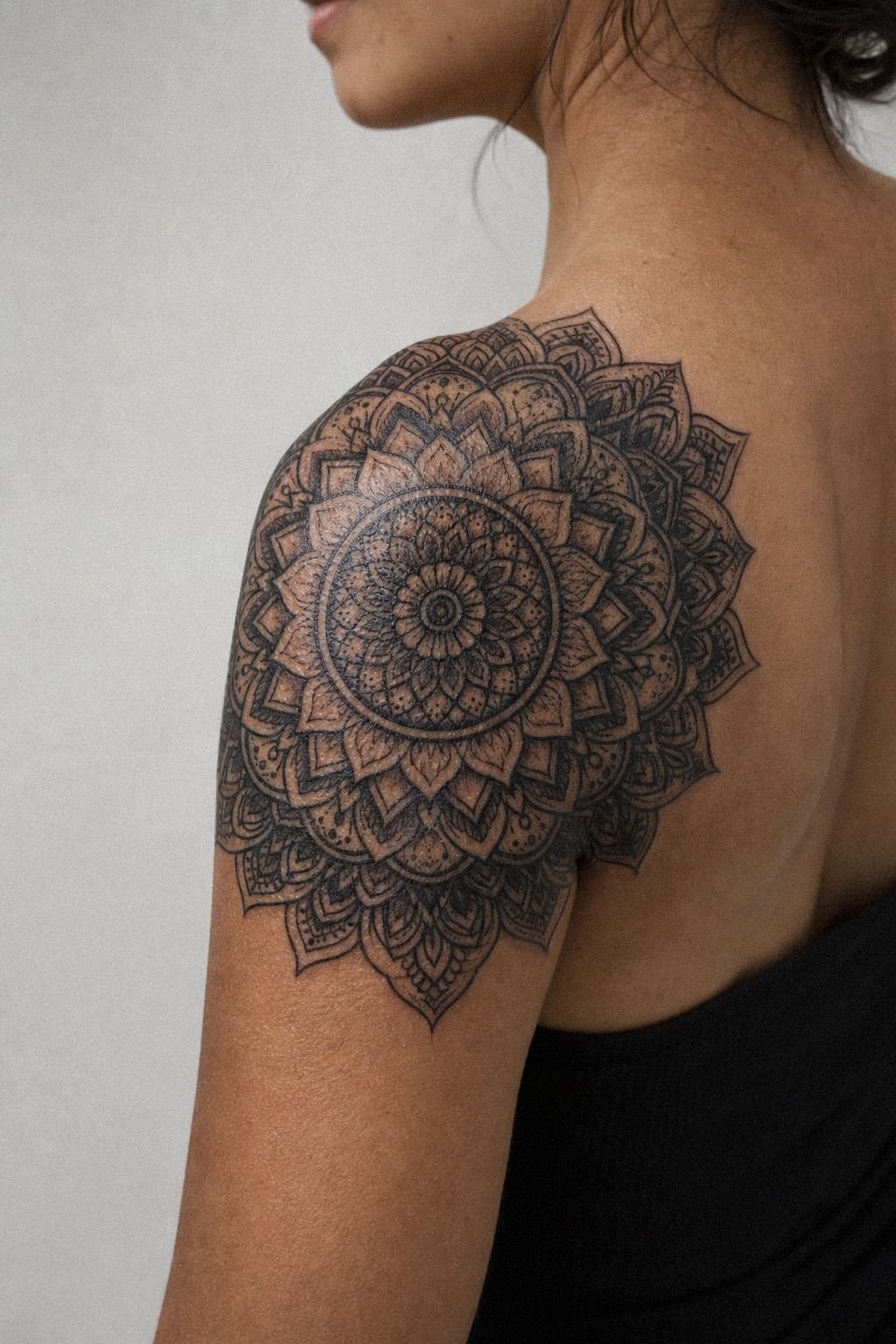 Blackwork Mandala Shoulder Cap Tattoo
