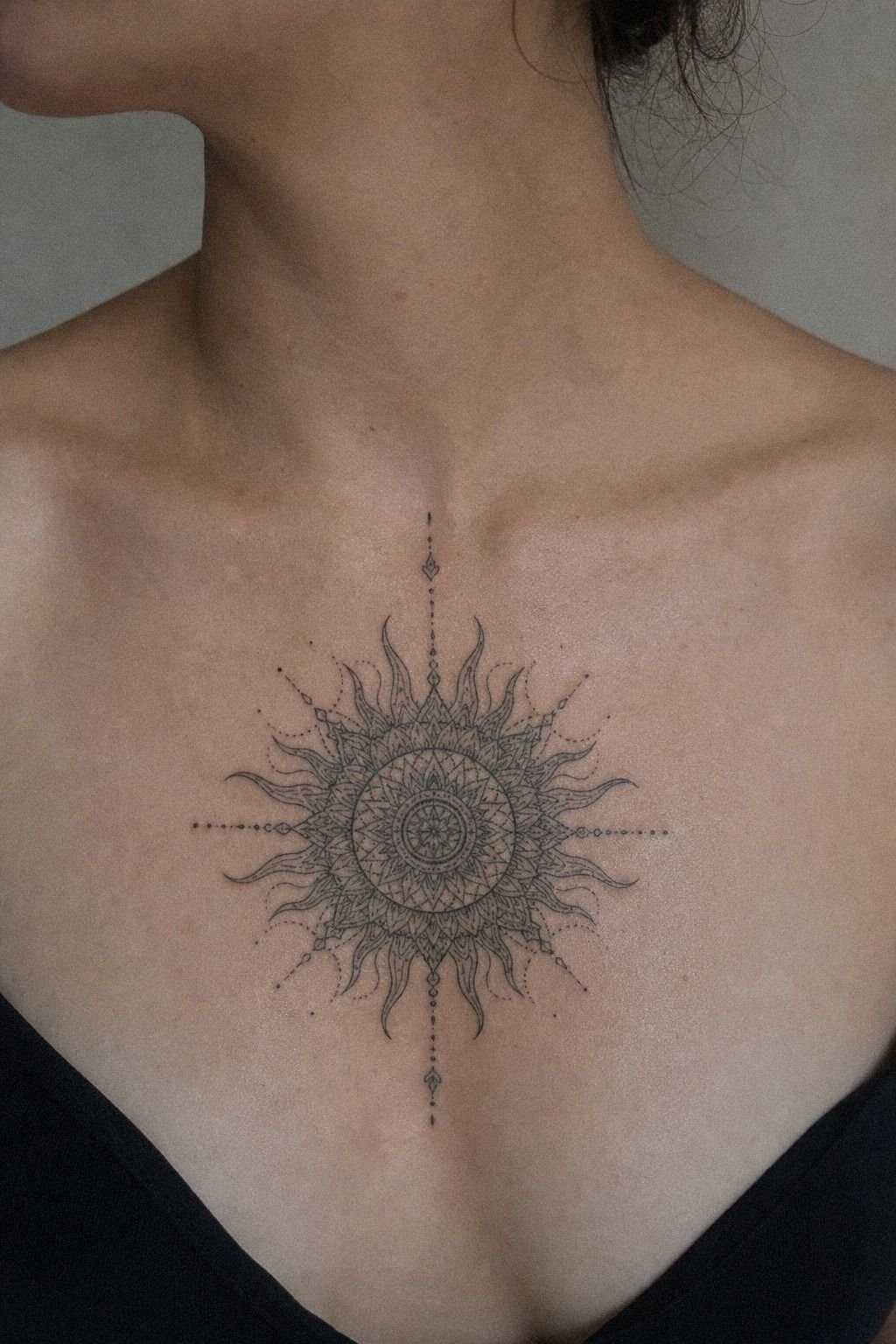 Creative Mandala Sun Chest Tattoo