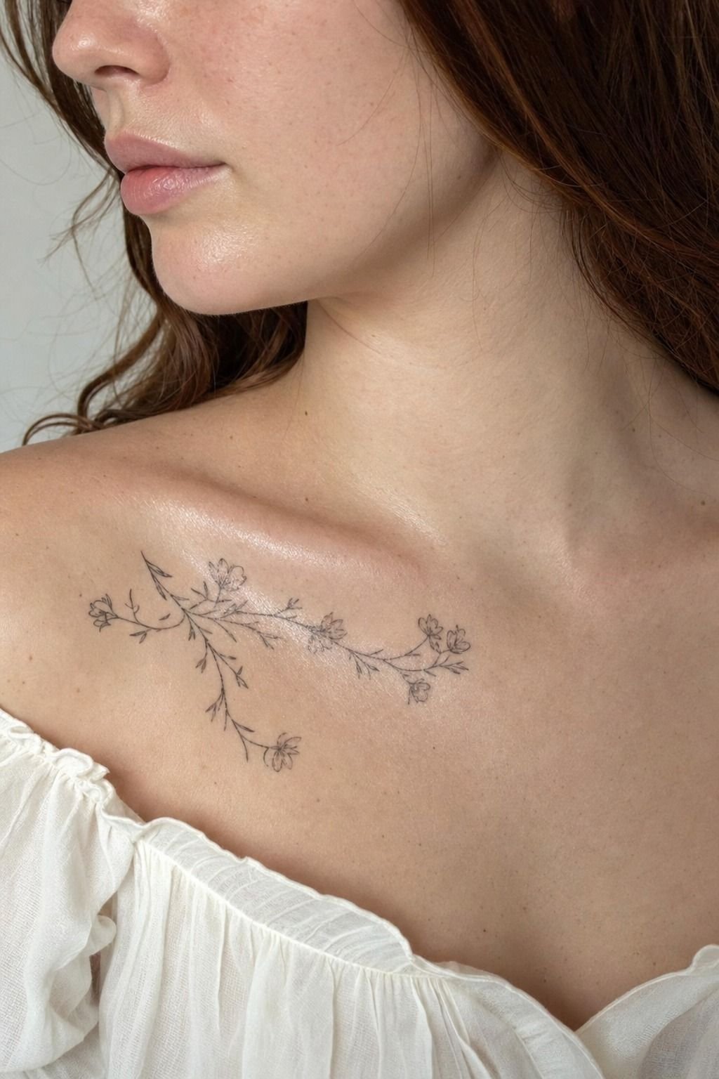 Lay fine line floral stems along the collarbone