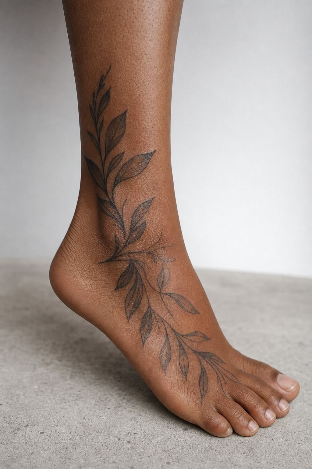 Blackwork Leaves From Ankle To Foot