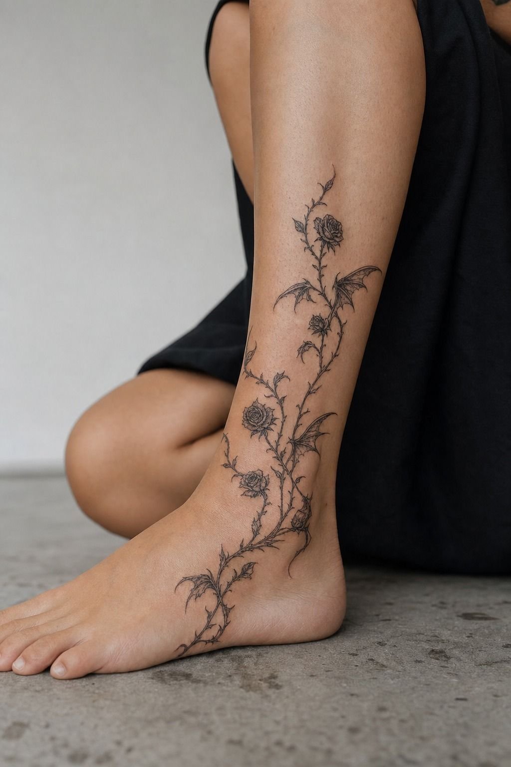 Balance a Gothic Rose Against Bat Wings at the Ankle