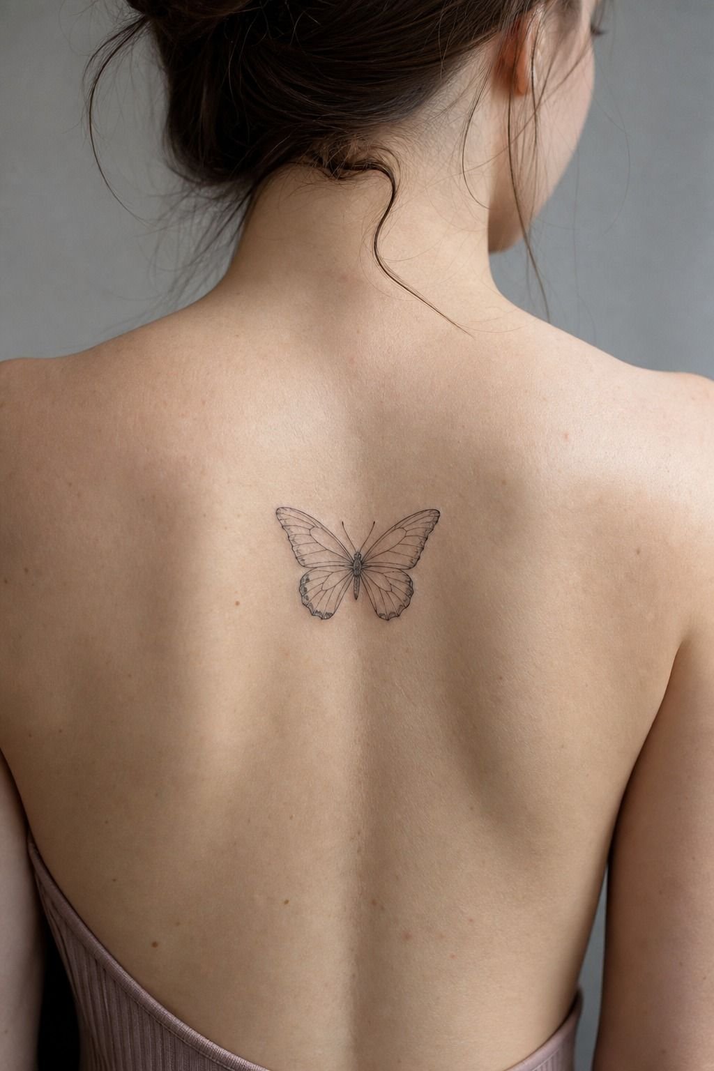 Fine Line Lower Back Butterfly Tattoo