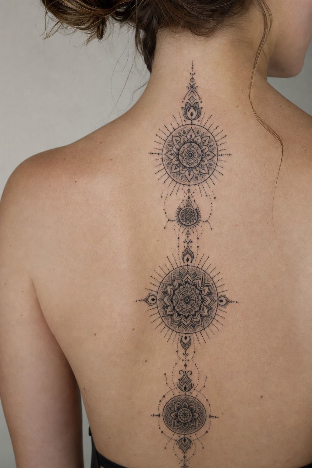 I Chose A Radial Mandala Spine Layout (Client Piece, Fair Cool-Pink Skin)