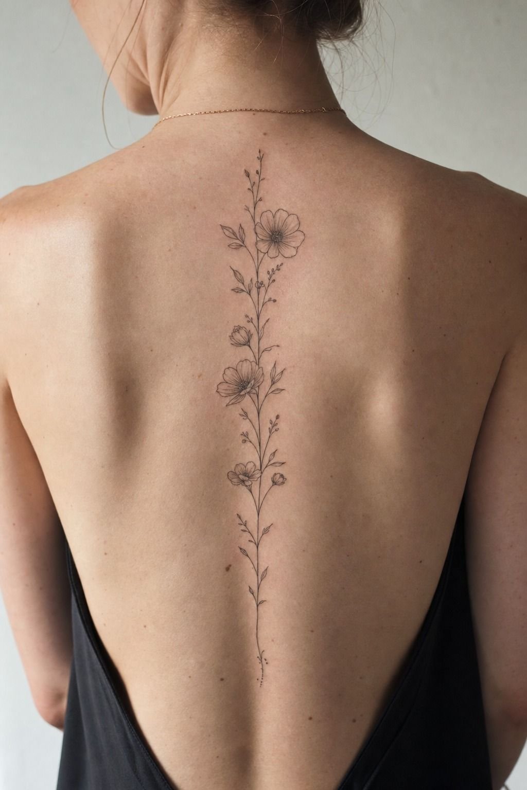 Fine Line Spine Flower Tattoo